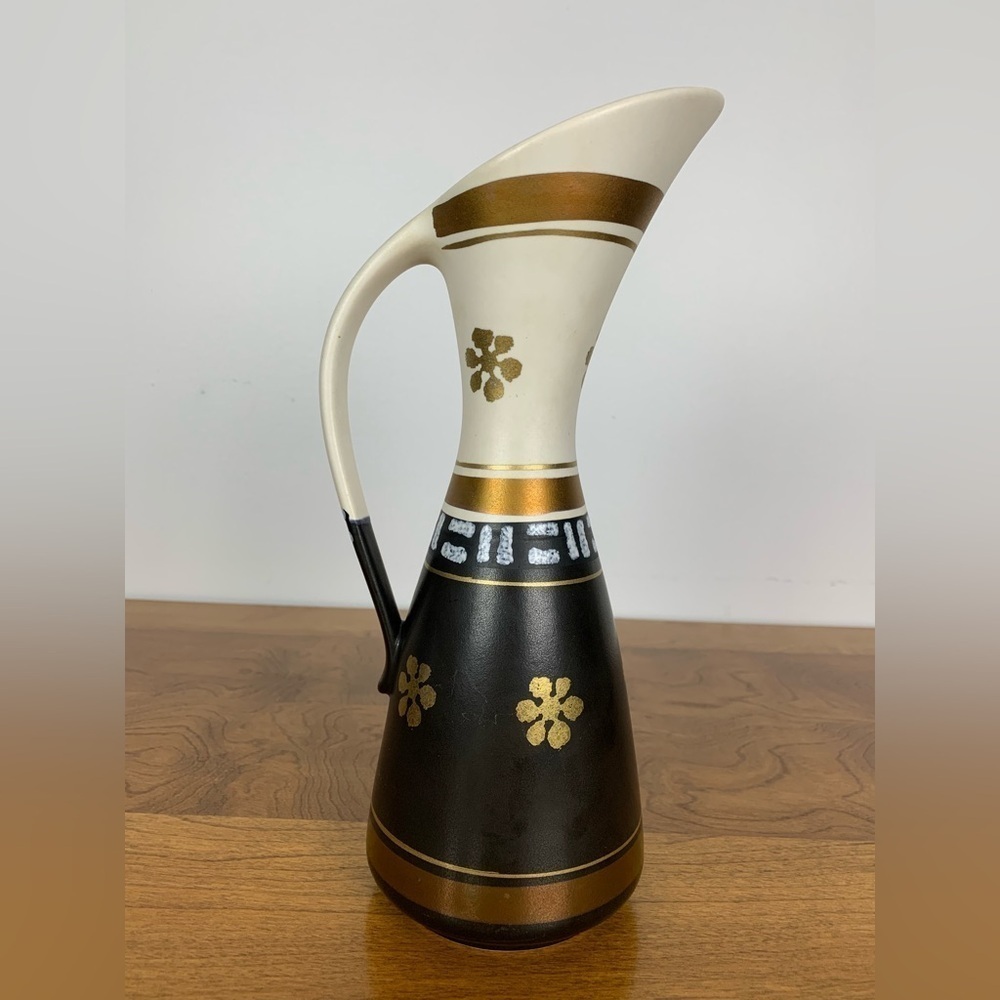 Dumler & Breiden Pitcher Vase Black White Gold Accents Vintage Made Germany MCM